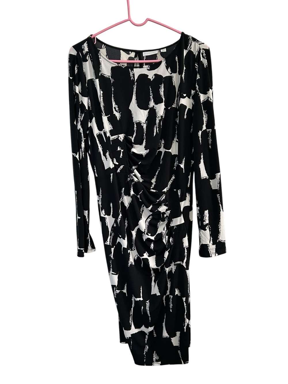 Black White Abstract Brushstroke Ruched Asymmetric Long Sleeve Dress L